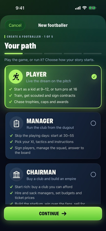 Choose player, manager or chairman