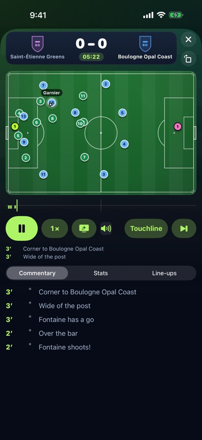 Footballer Life live match centre: a 2D pitch, live commentary and touchline controls